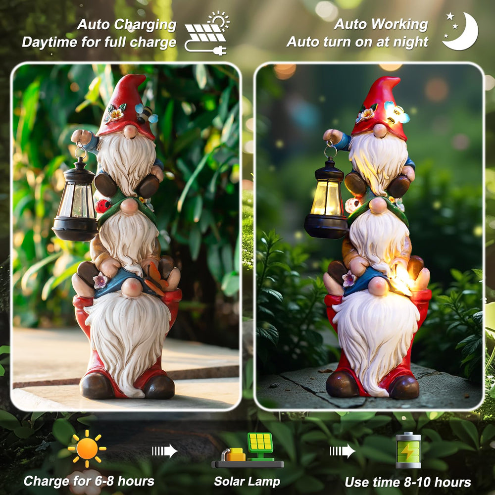 twinbling garden gnome with solar lights at night