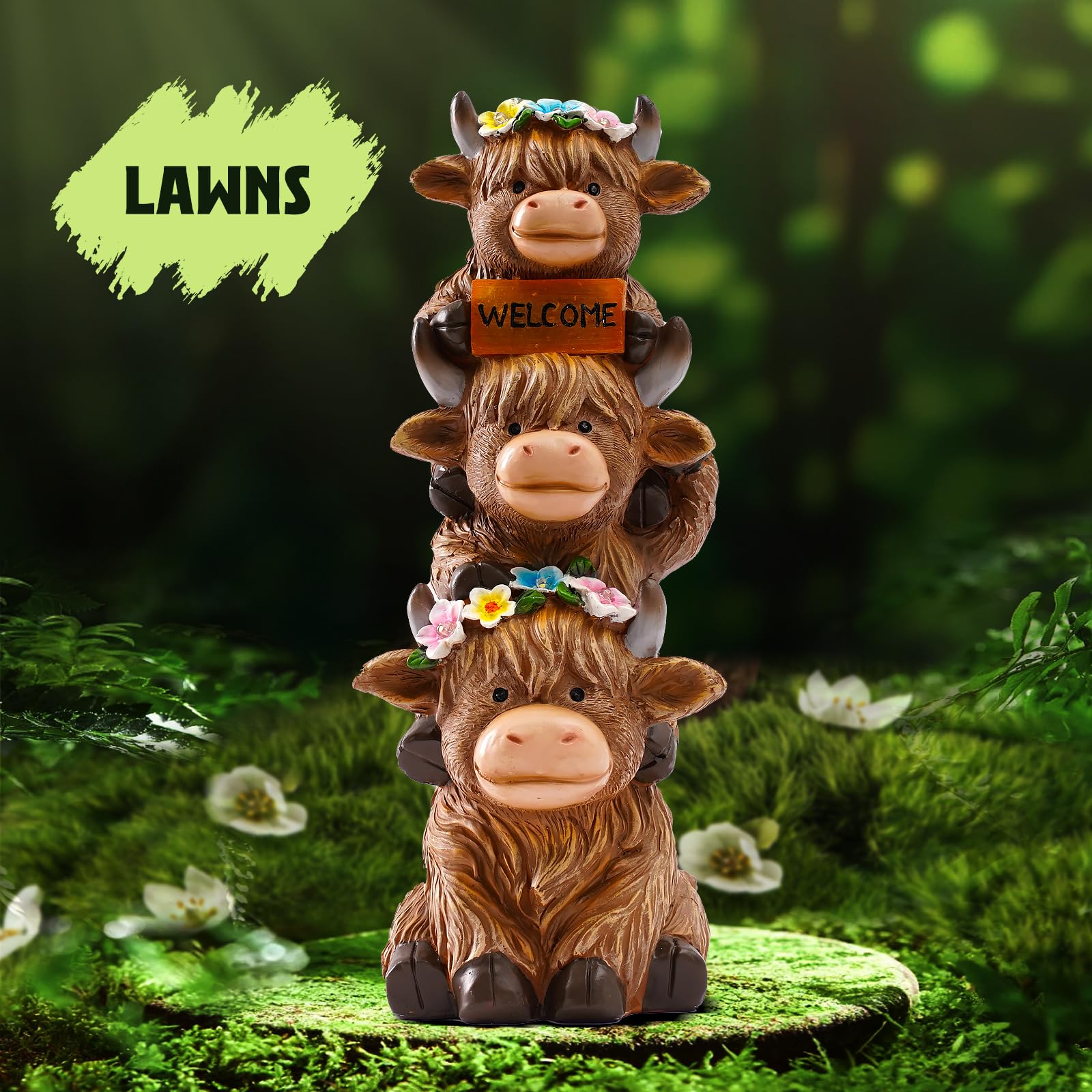 Twinbling Highland Cow Statue illuminated at night