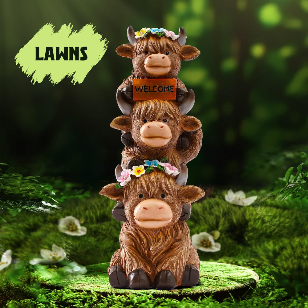 Twinbling Highland Cow Statue illuminated at night