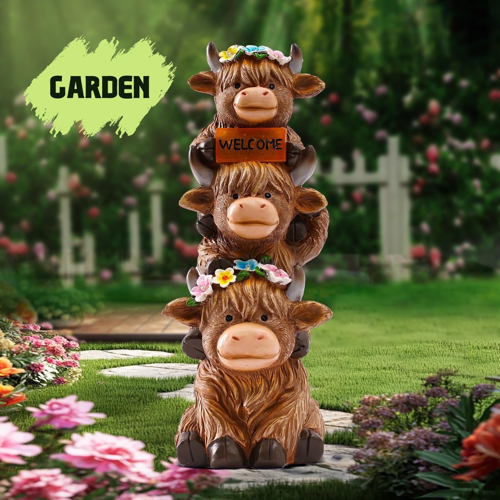 Twinbling Highland Cow Statue with floral accents on display