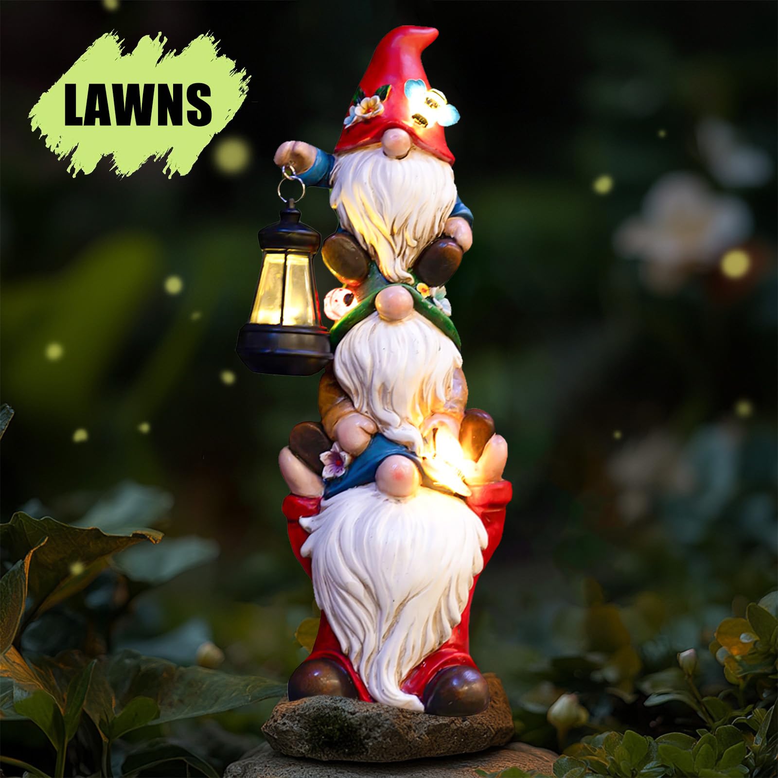 twinbling large garden gnome statue next to flowers