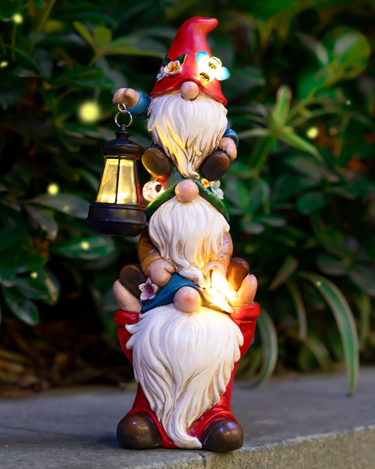 twinbling Solar Garden Gnome Statue 12 in front view with solar lantern