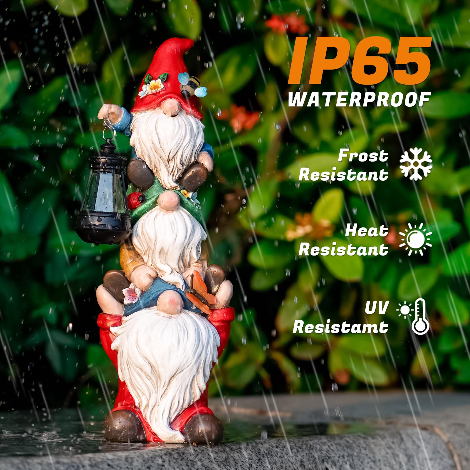 twinbling Solar Garden Gnome Statue with illuminated lantern at night