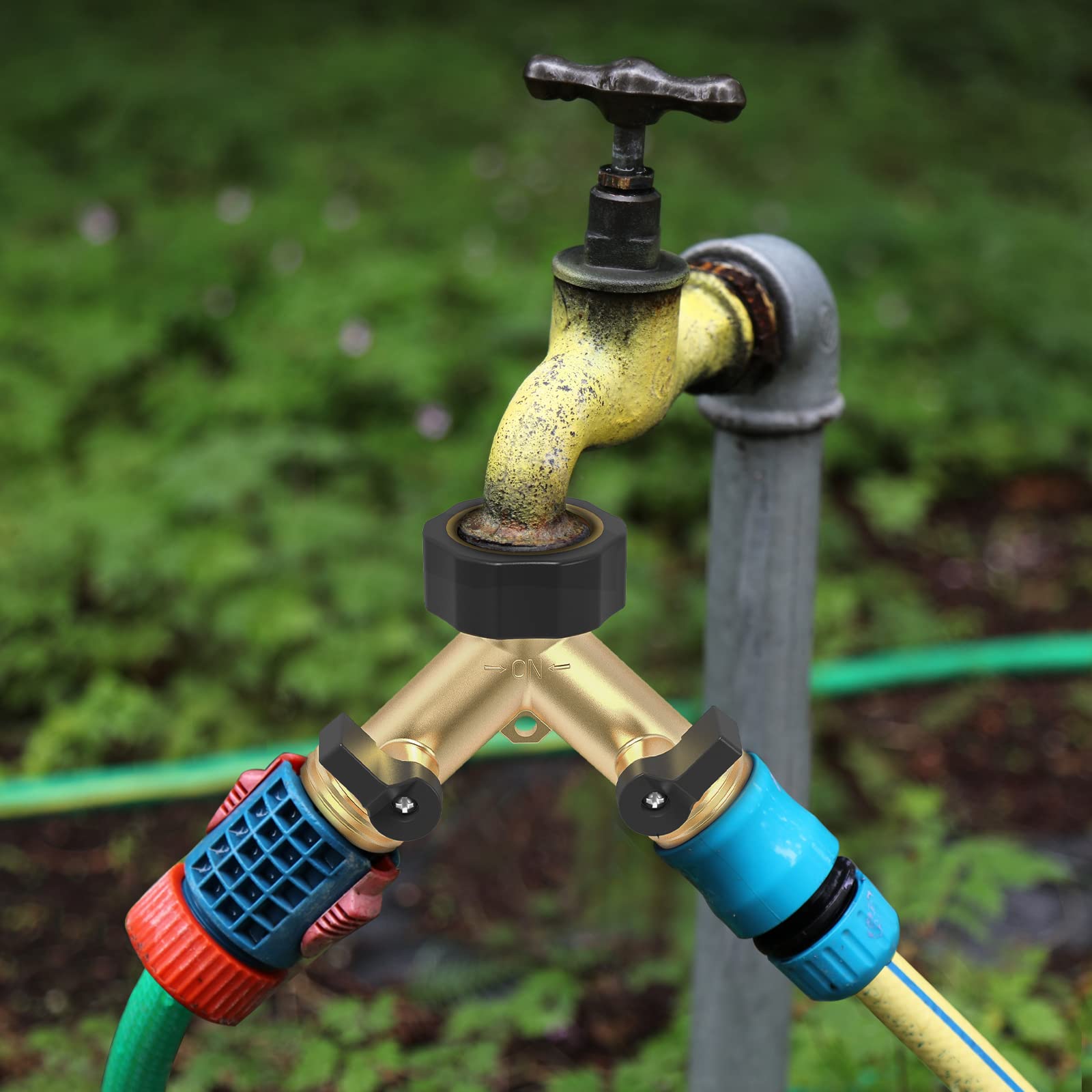 Twinkle Star 2 Way Garden Hose Splitter in use watering garden