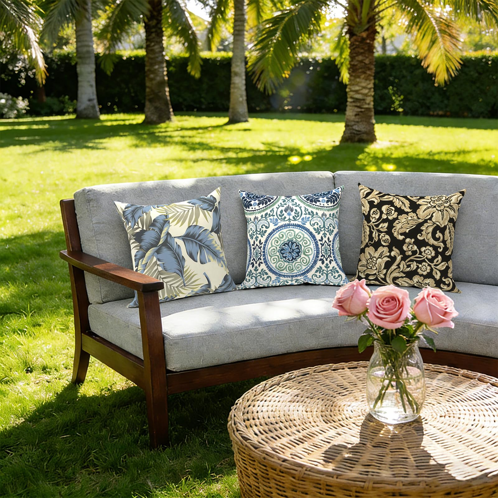 TWLEAR Outdoor Throw Pillow Lush Palm Blue decorative garden use