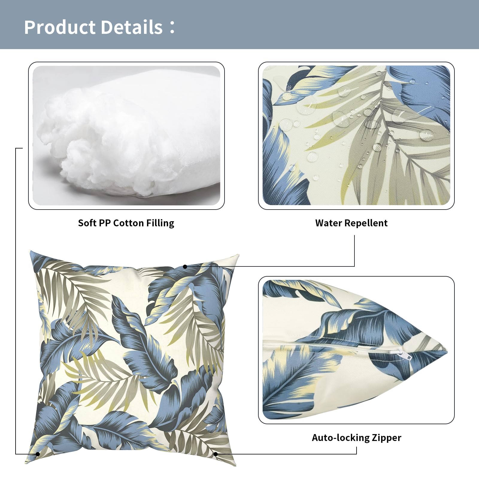 TWLEAR Outdoor Throw Pillow Lush Palm Blue with insert