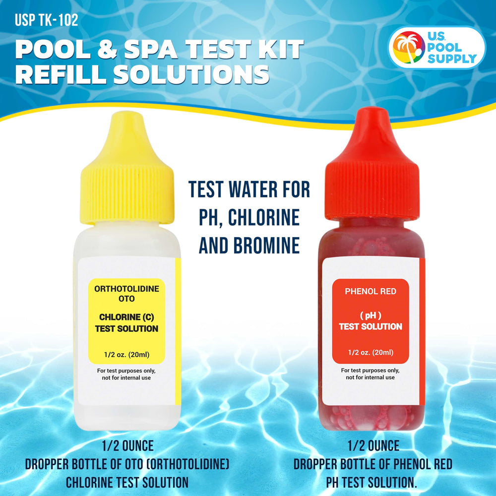 Two 1/2 ounce dropper bottles of chlorine and pH test solutions