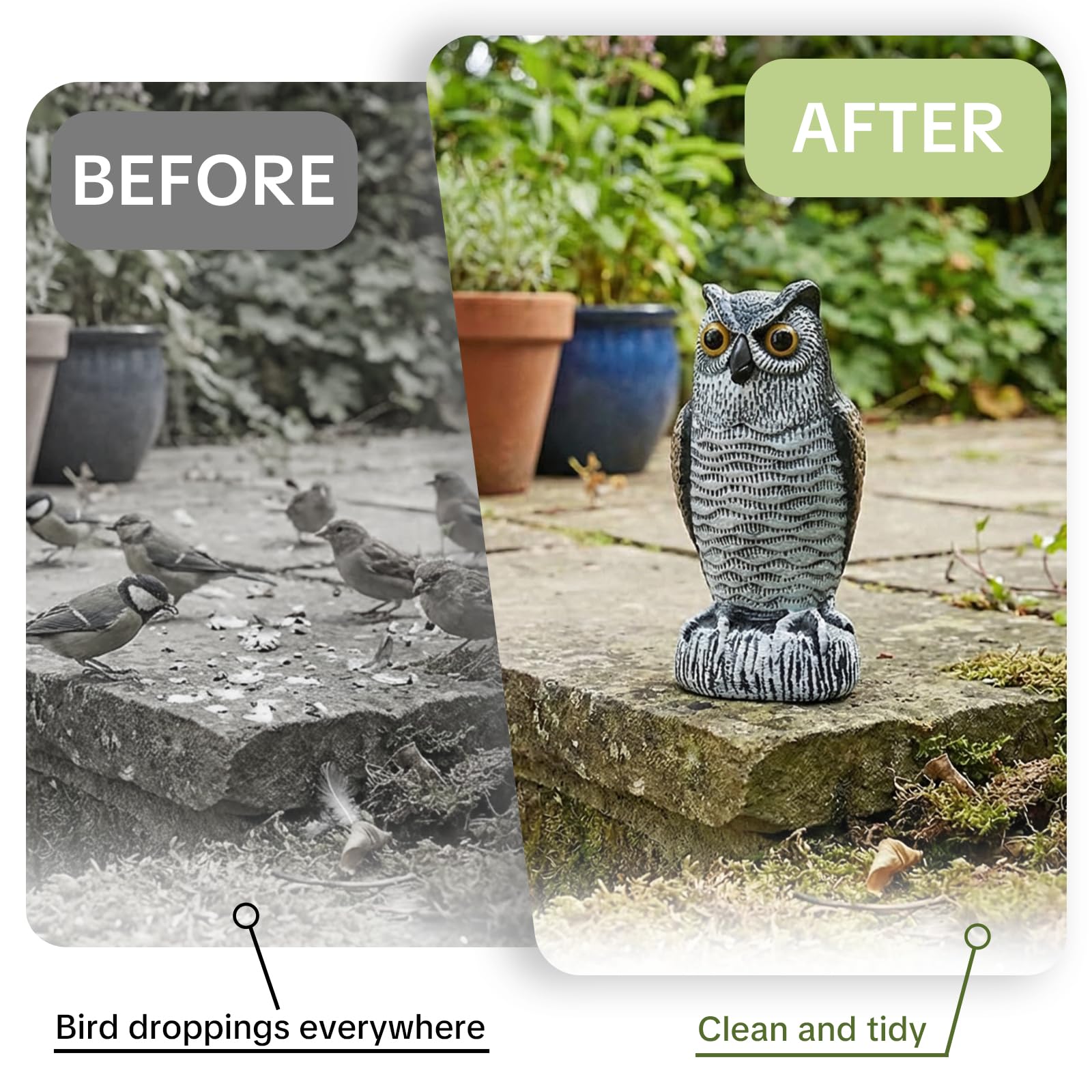 Two 10-inch OFFO owl statues placed in a garden setting