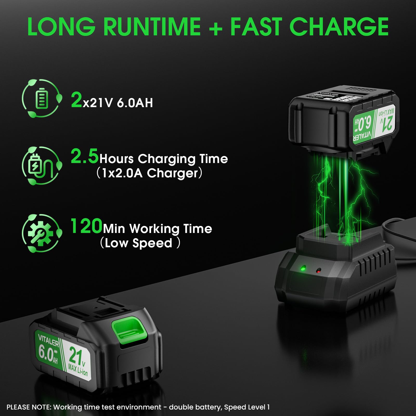 Two 21V 6.0Ah batteries included with the Vitaler Leaf Blower