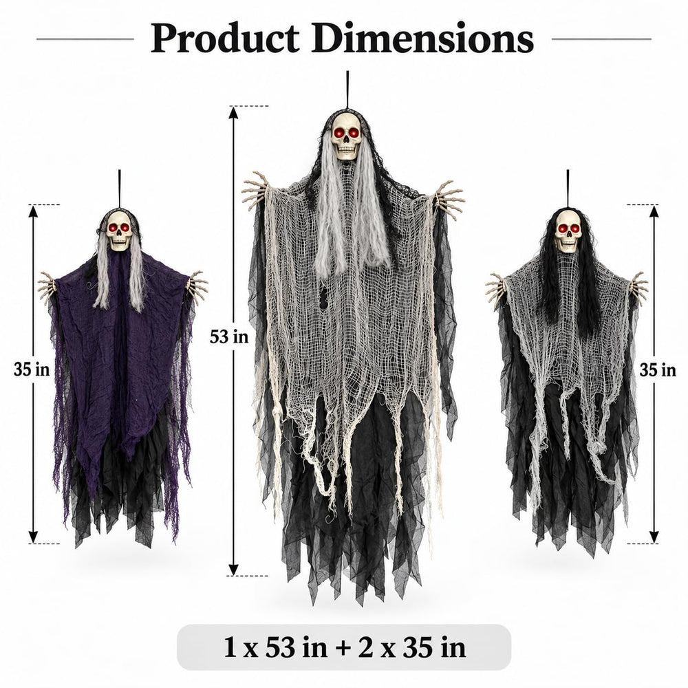 Two 35-inch black skeleton ghosts with glowing eyes hanging