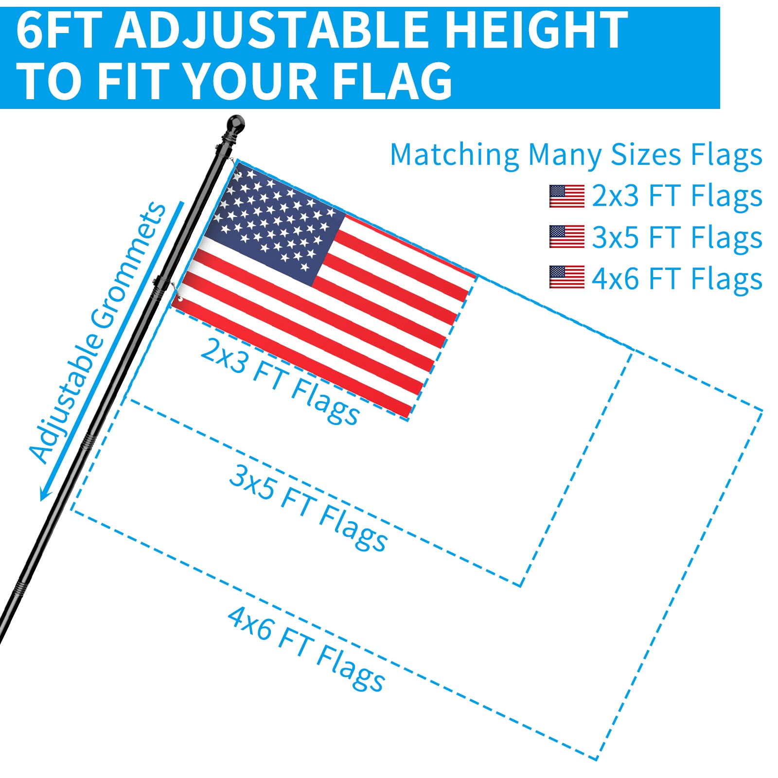 Two adjustable flag poles with top balls and carabiners