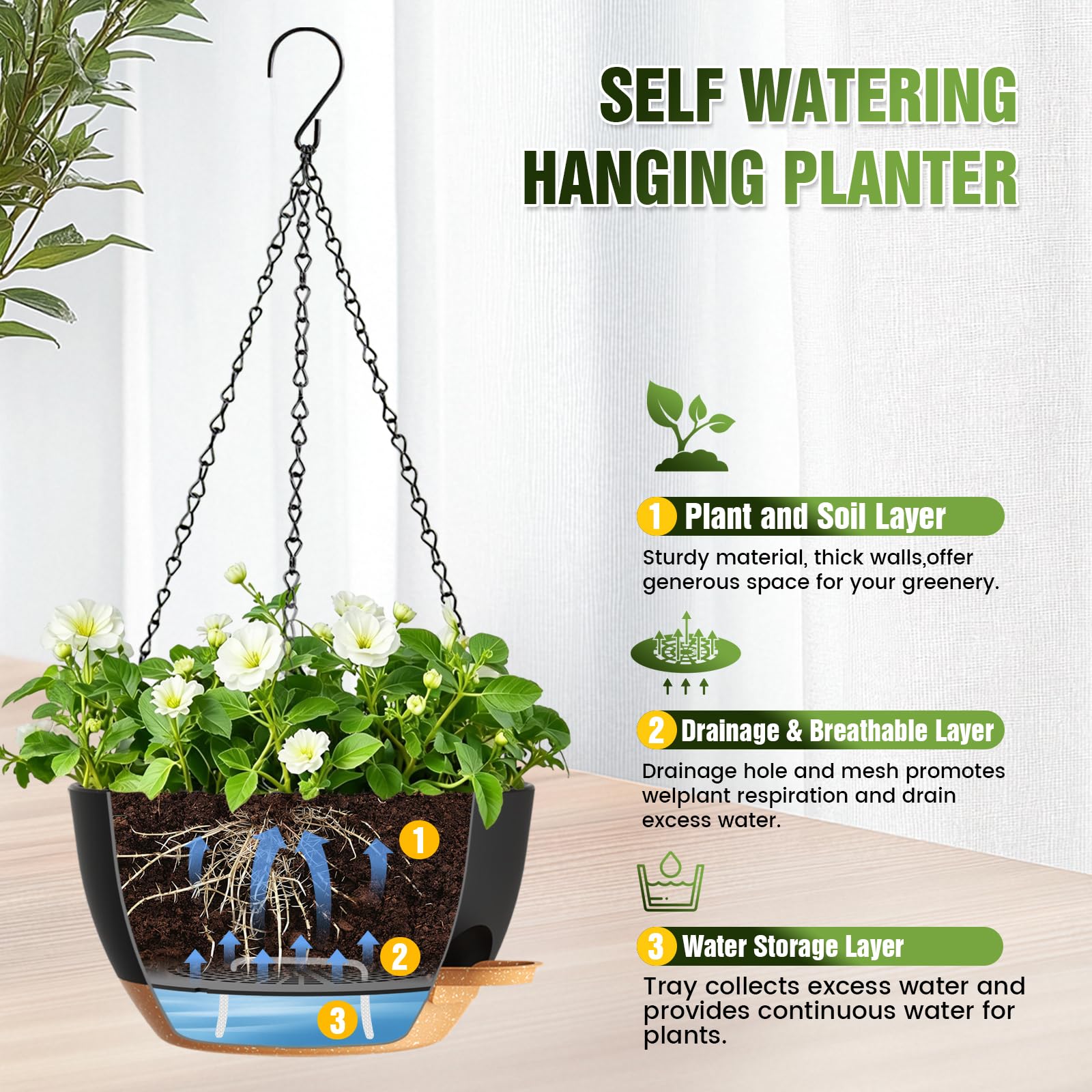 Two Areutxbis self-watering hanging planters displayed with plants