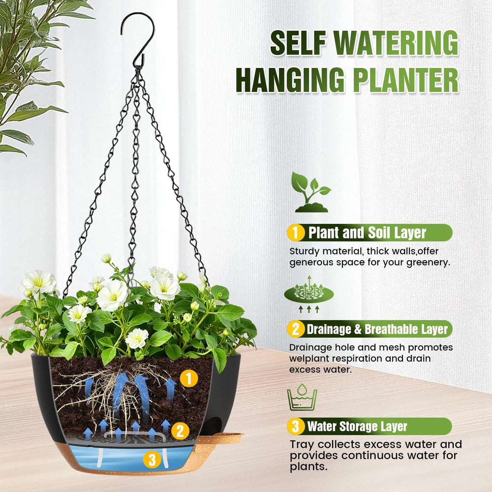Two Areutxbis self-watering hanging planters displayed with plants