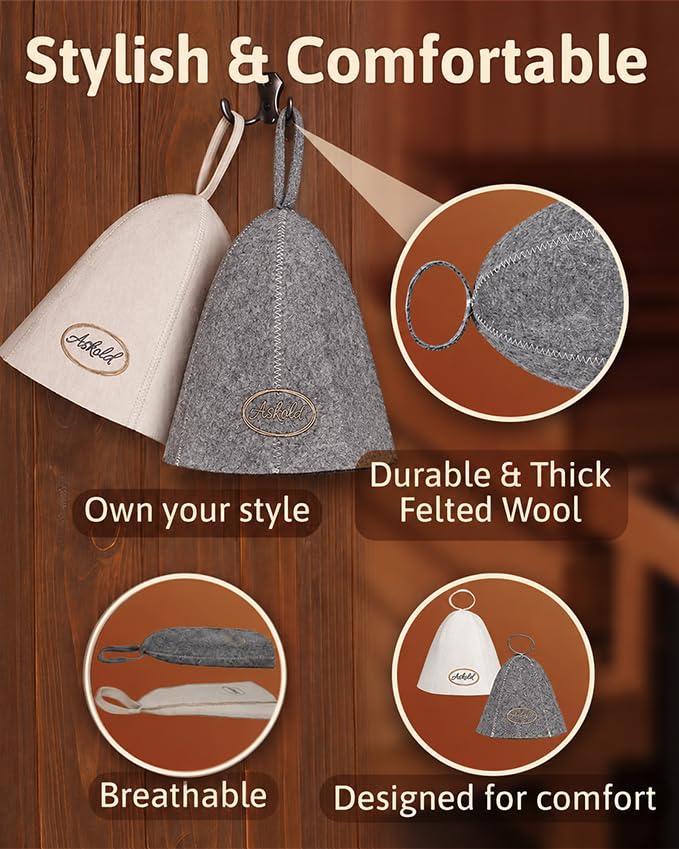 Two ASKOLD wool sauna hats displayed together