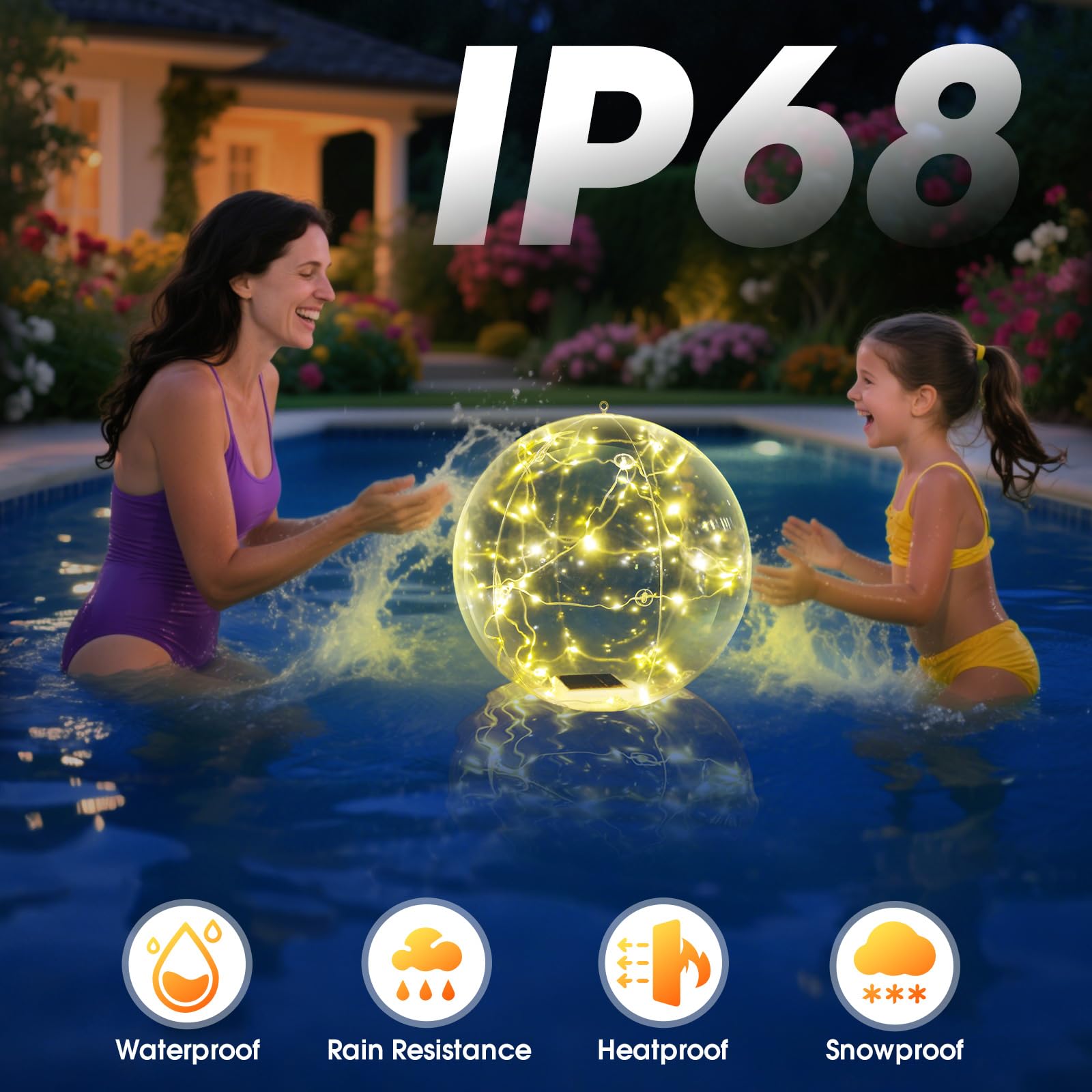 Two Askyli floating pool lights illuminating a garden