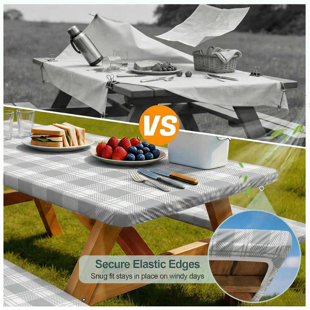 Two bench covers from Play Tailor picnic table cover set in grey checkered design
