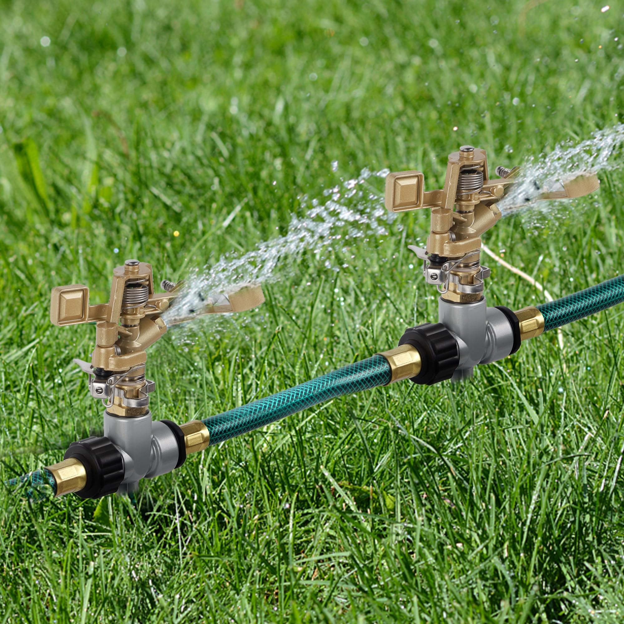 Two Biswing impact sprinklers in garden setting