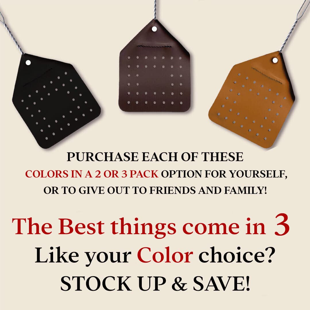Two black leather fly swatters side by side