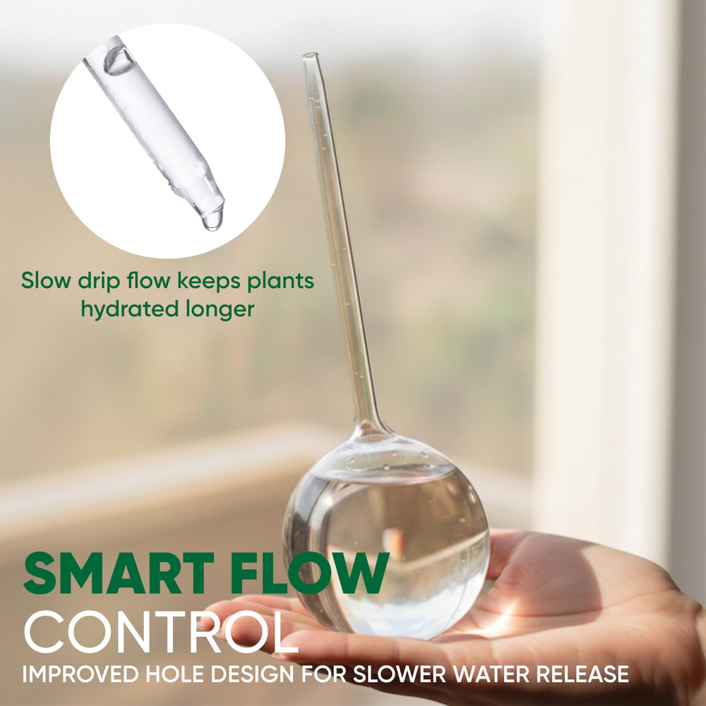 Two clear watering globes next to potted plants