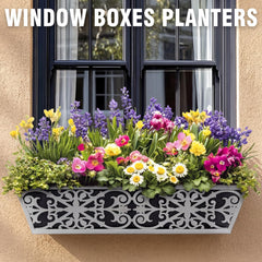Two dark grey window box planters hanging on a balcony