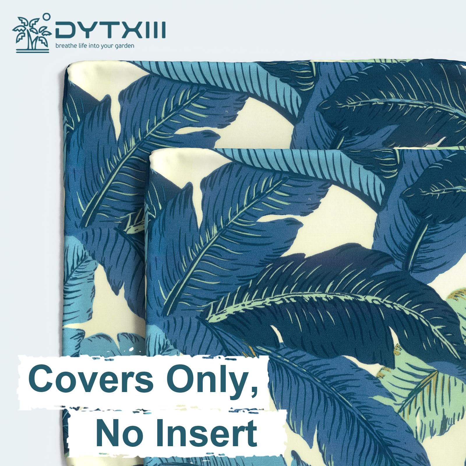 Two DYTXIII pillow covers displayed on a sunny porch