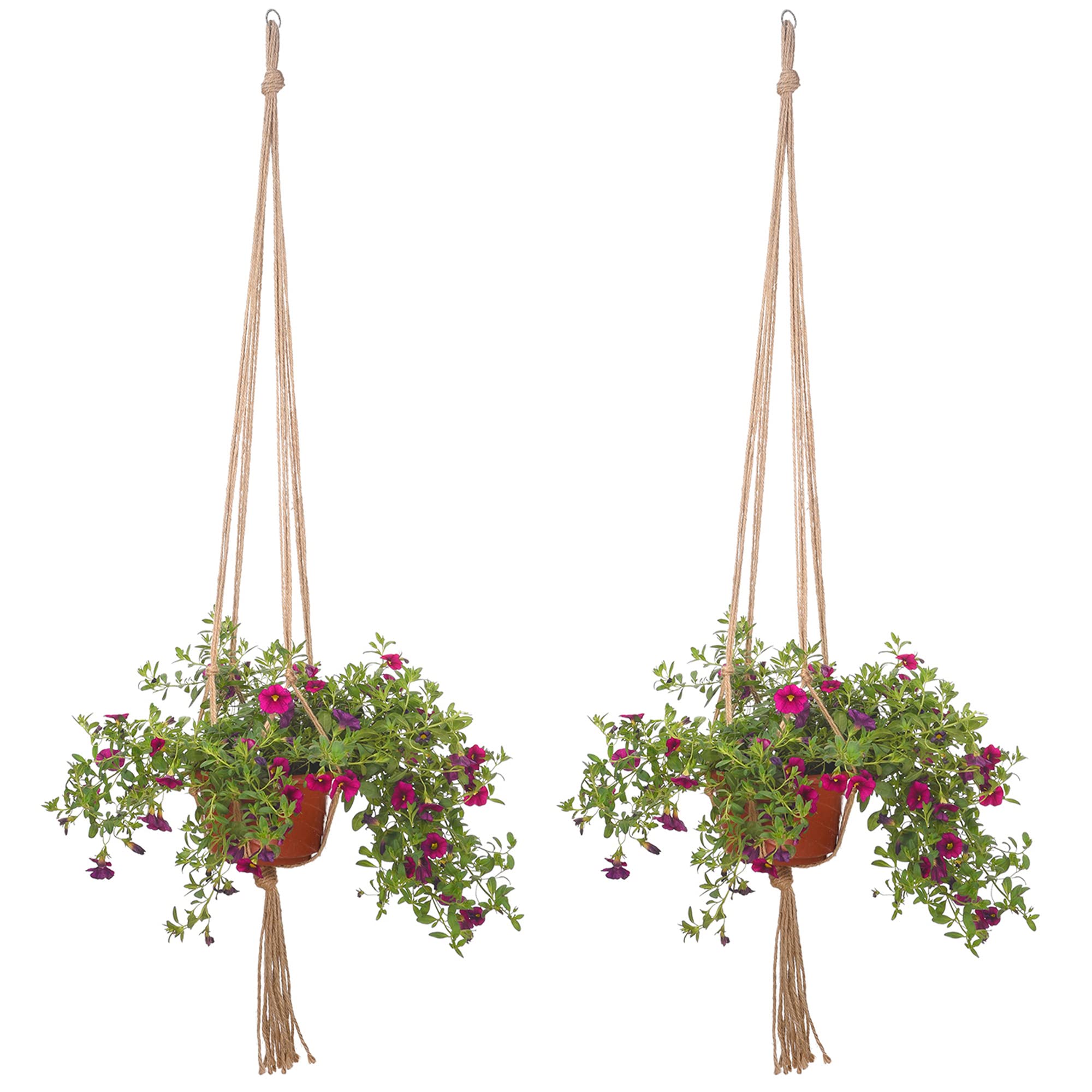 Two EBOOT macrame hangers hanging on a balcony with plants