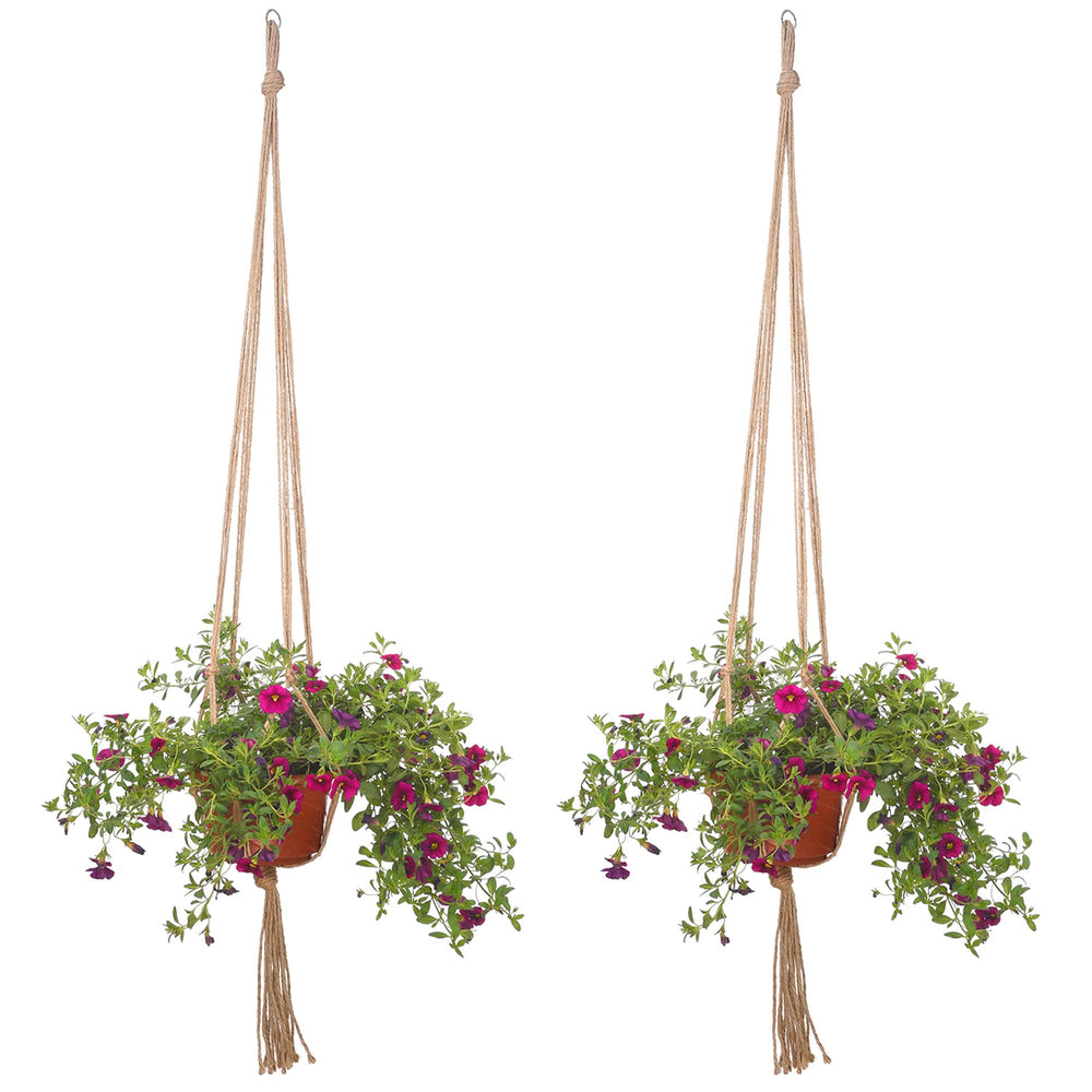Two EBOOT macrame hangers hanging on a balcony with plants