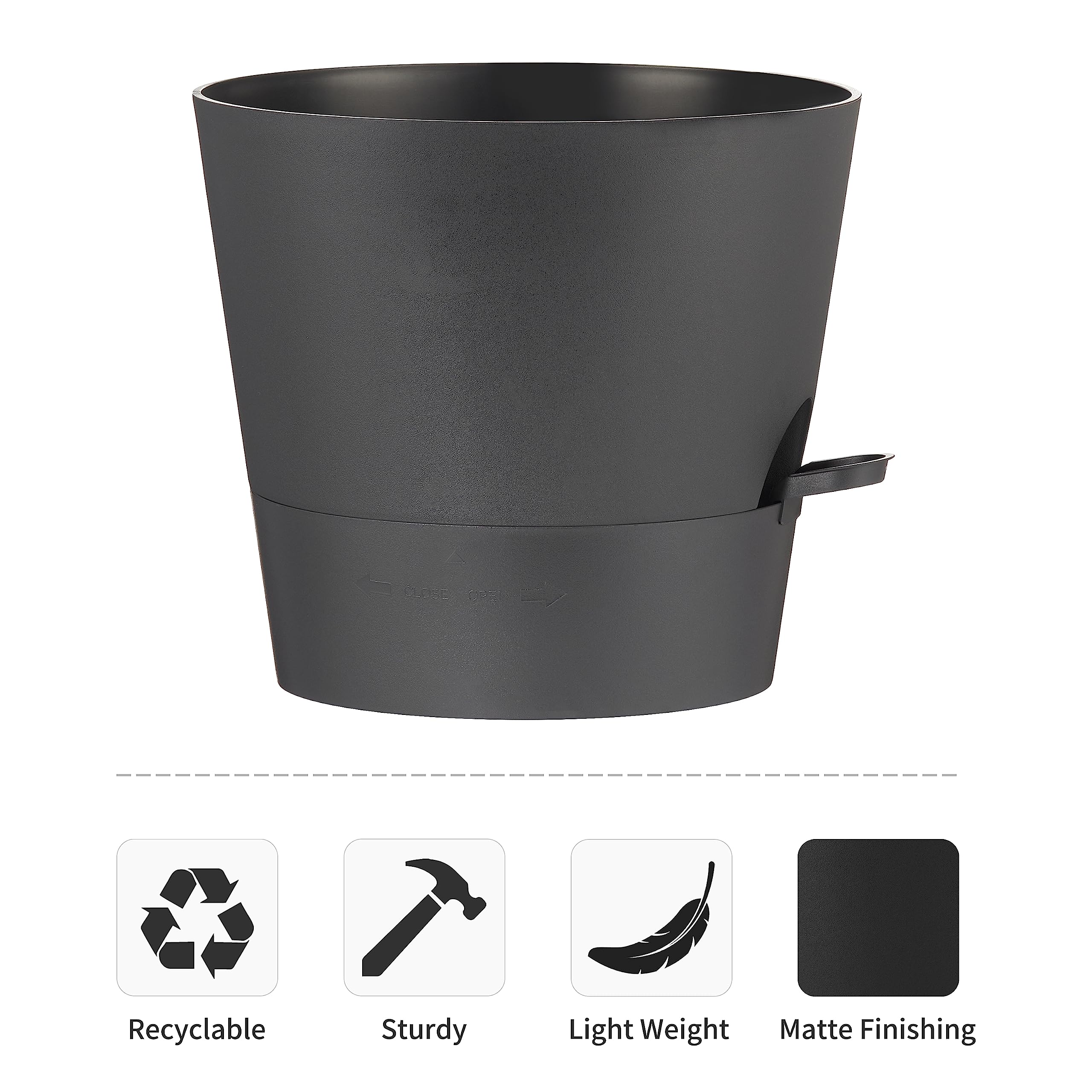 Two FaithLand self watering planter pots, black, on a wooden table