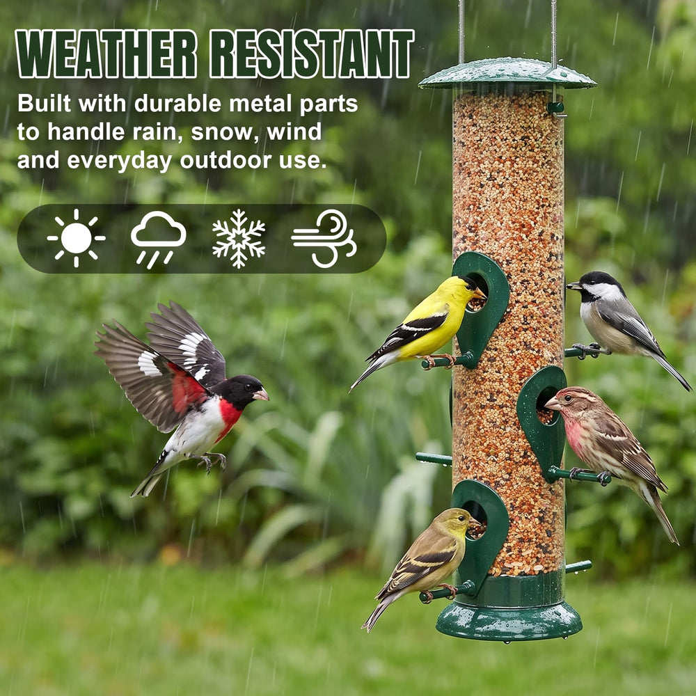 Two FEED GARDEN bird feeders side by side in garden