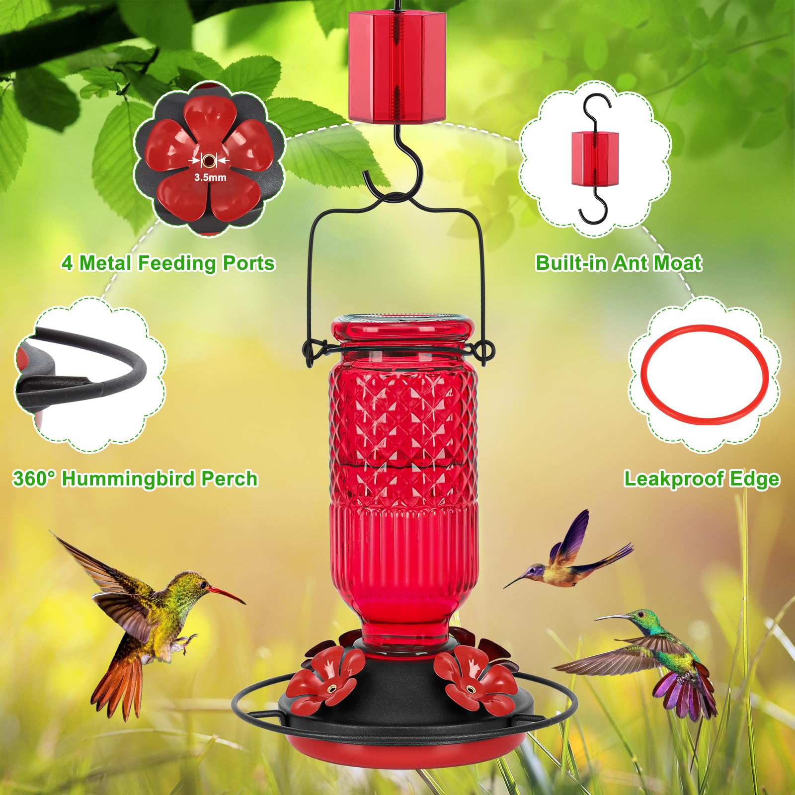 Two FEED GARDEN hummingbird feeders displayed outdoors