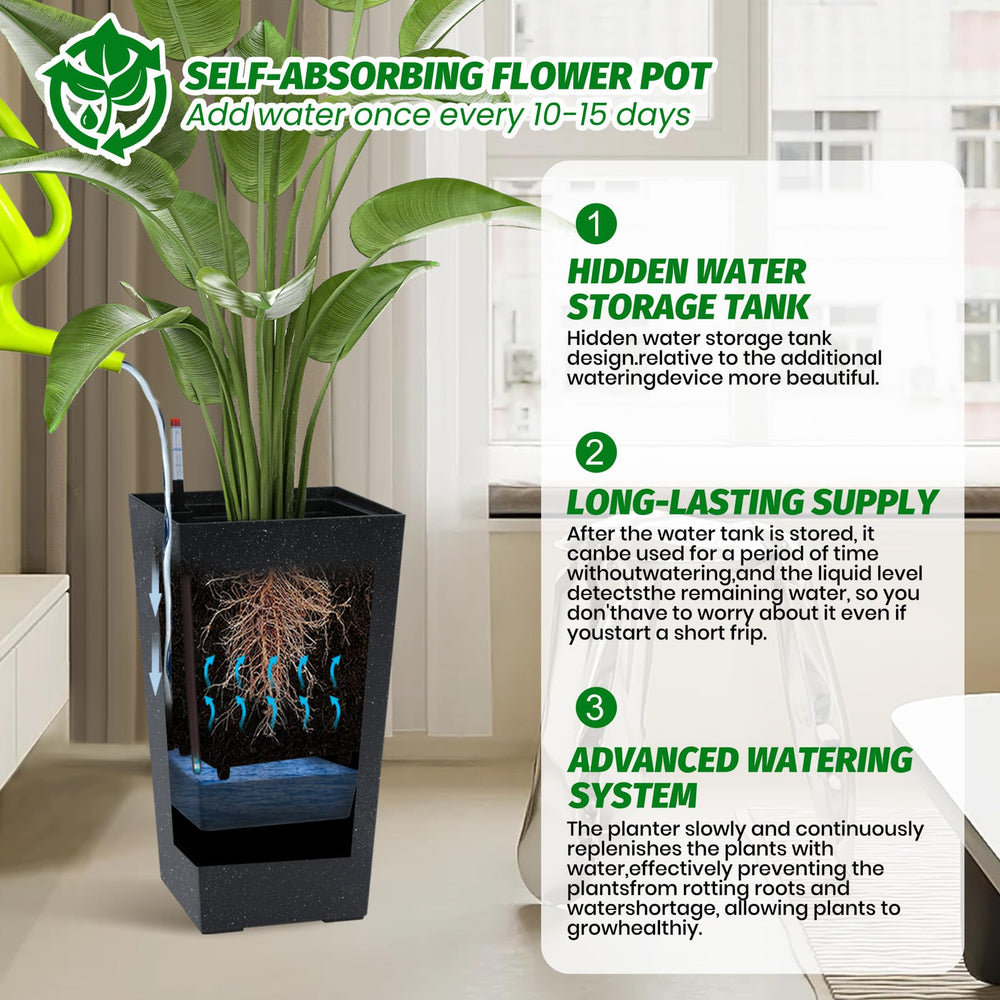 Two Garvee 16-inch planters in outdoor garden setting