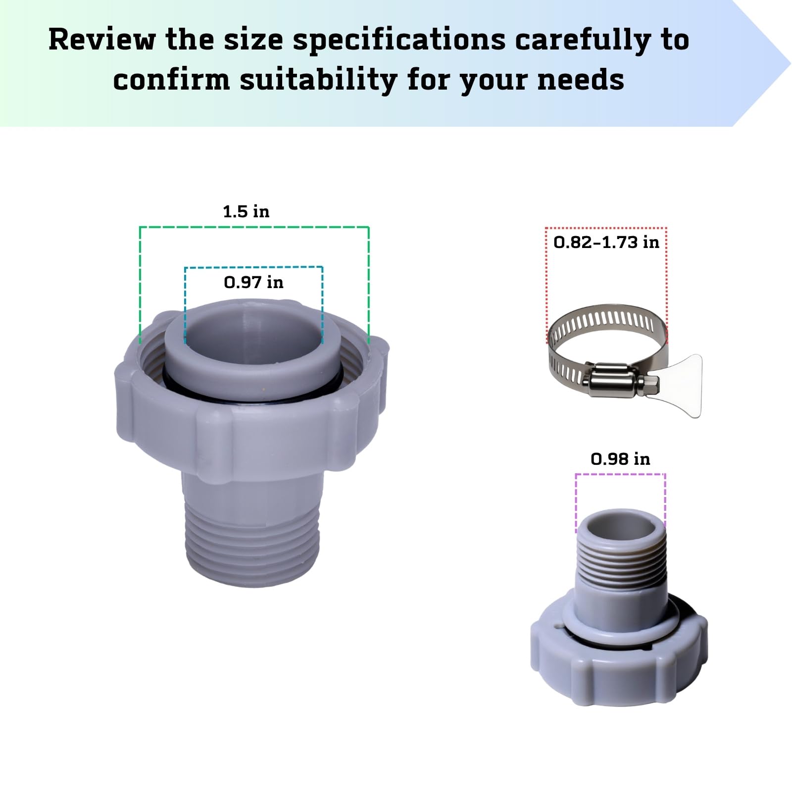 Two GekLiGuLu Pool Drain Adapters with hose clamps