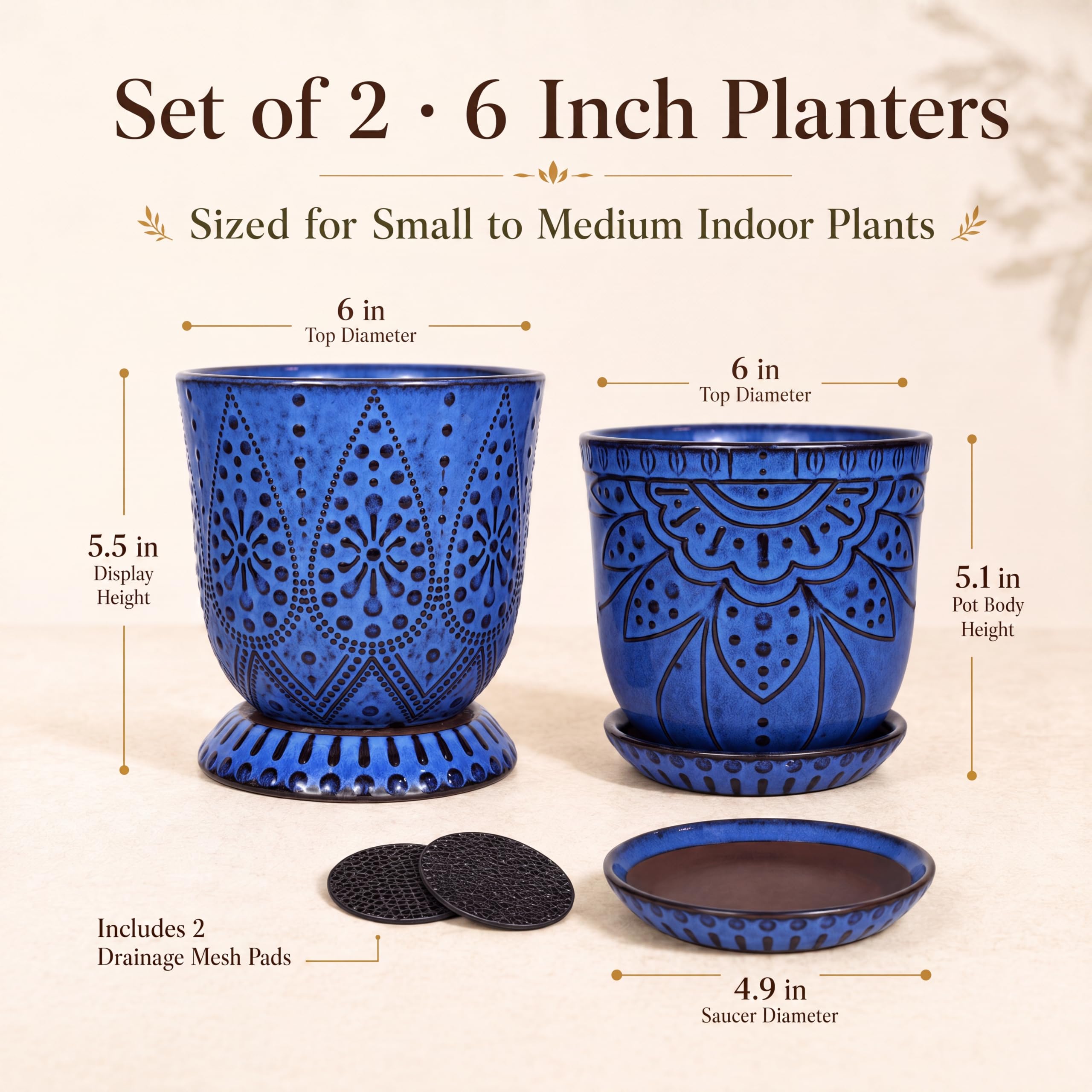Two Gepege ceramic pots with mesh pads and saucers