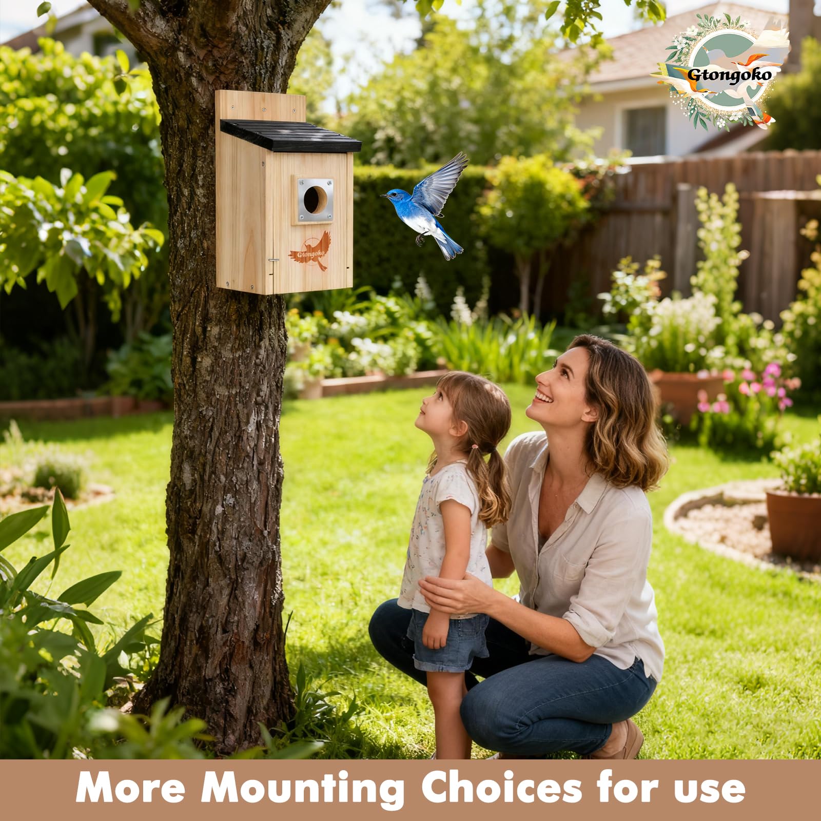 Two Gtongoko birdhouses side by side with foliage