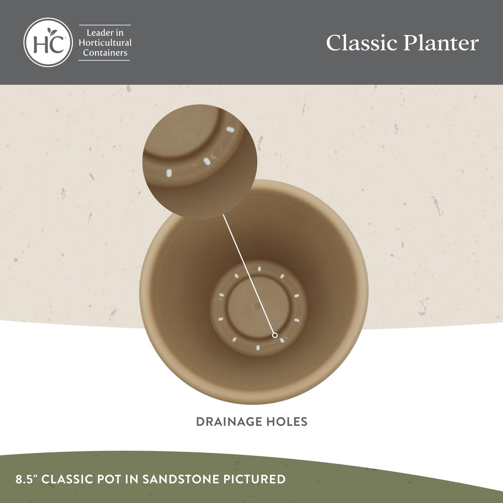 Two HC Companies Classic Round Planter Pots in warm gray on patio
