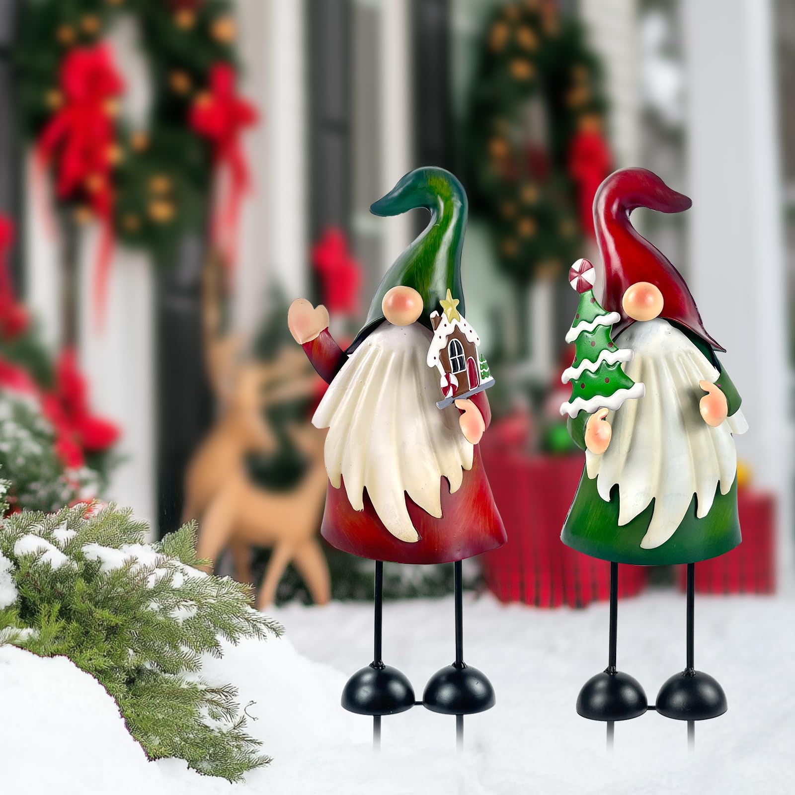 Two HONGLAND Christmas gnomes displayed on a patio