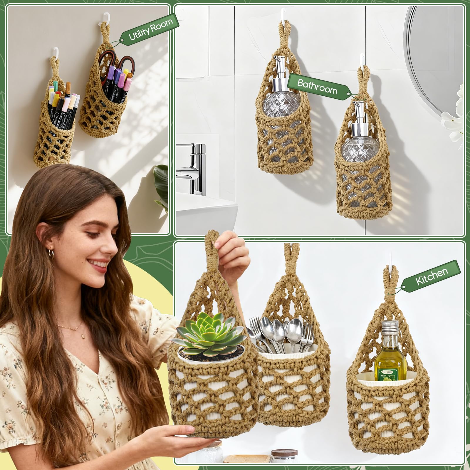 Two HOREAKHJ Macrame Wall Plant Hangers in a decorative setup