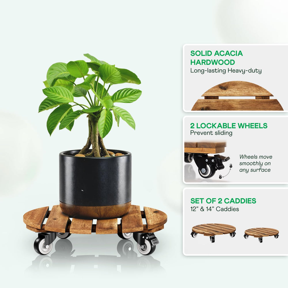 Two IDZO acacia wood caddies on patio with plants