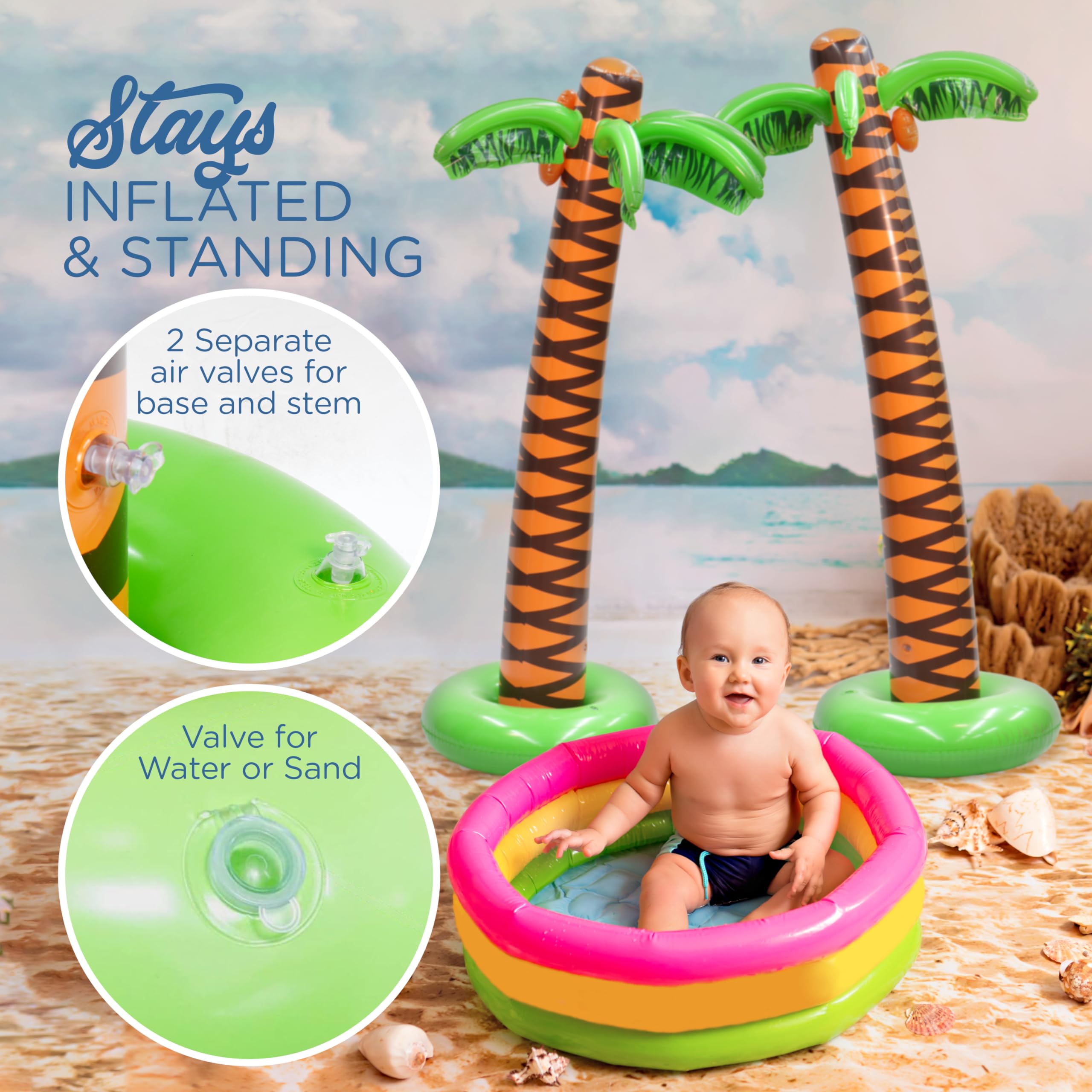 Two inflatable palm trees with water-filled bases