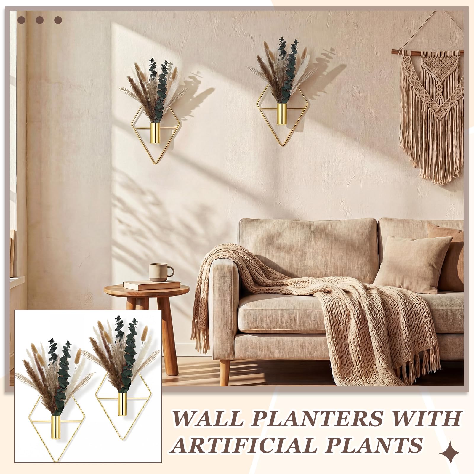 Two Jexine hanging planters with pampas grass on a kitchen wall
