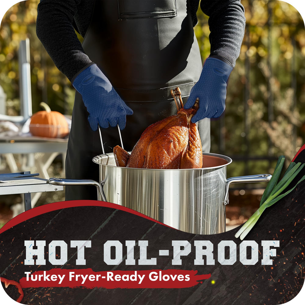 Two Kitchen Perfection BBQ gloves displayed on a grill