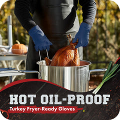 Two Kitchen Perfection BBQ gloves displayed on a grill