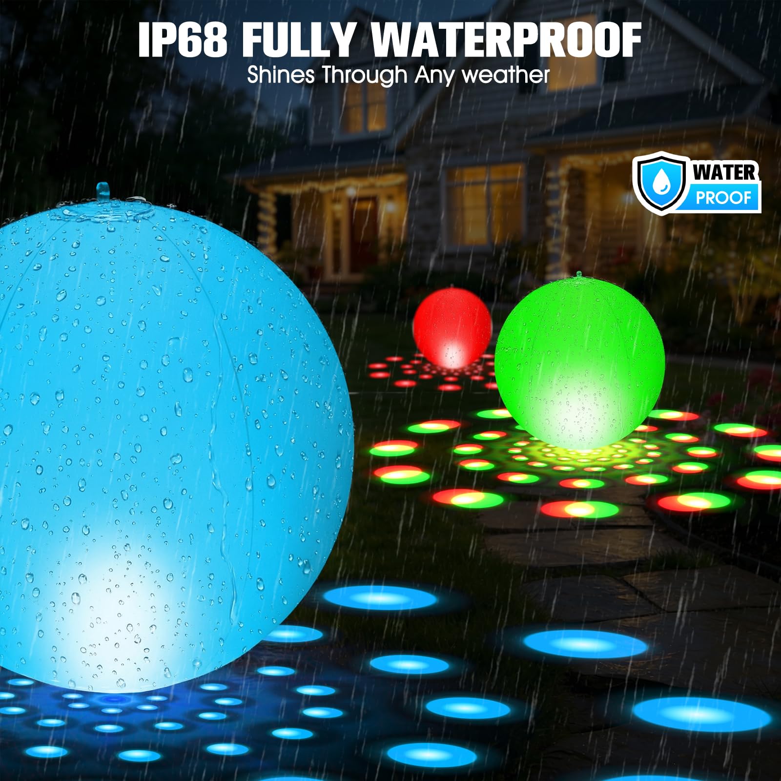 Two LanPool floating pool lights on a patio