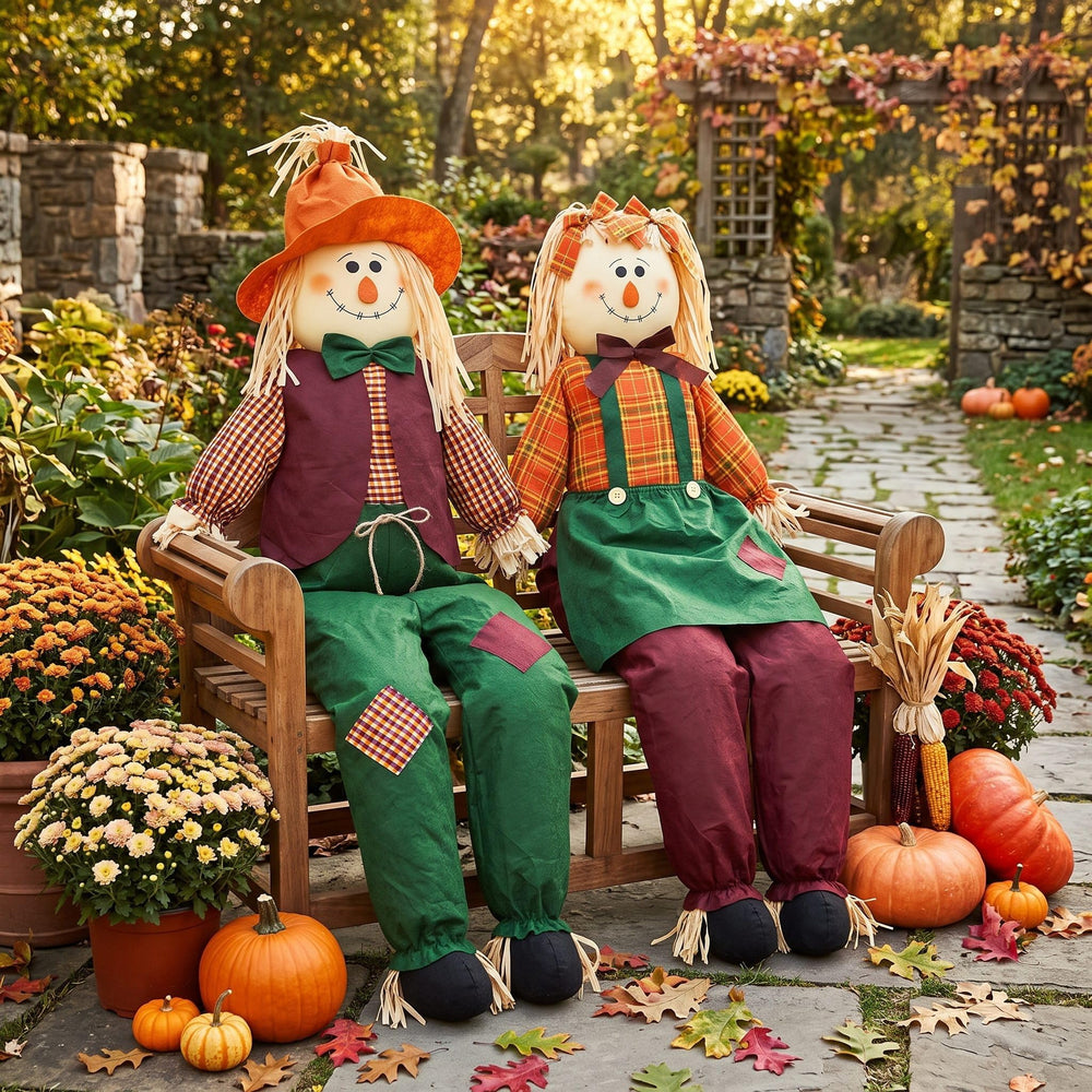 Two Libima scarecrows in a garden setting