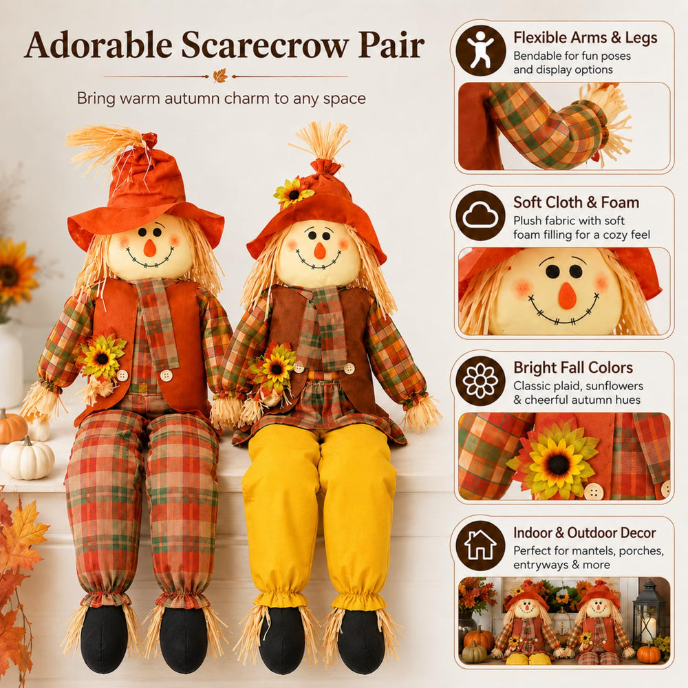 Two Libima scarecrows outdoors in a garden setting