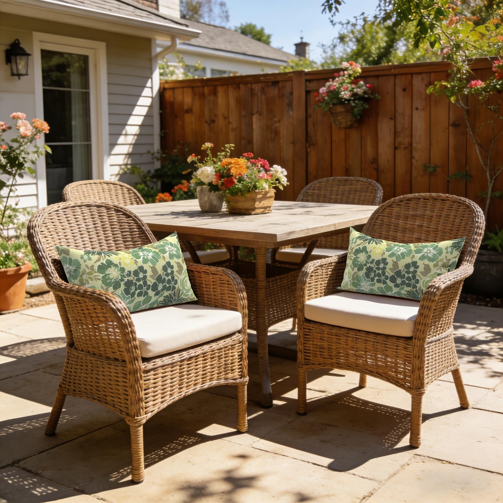 Two LVTXIII Outdoor Lumbar Pillow Covers in Green Rose displayed together