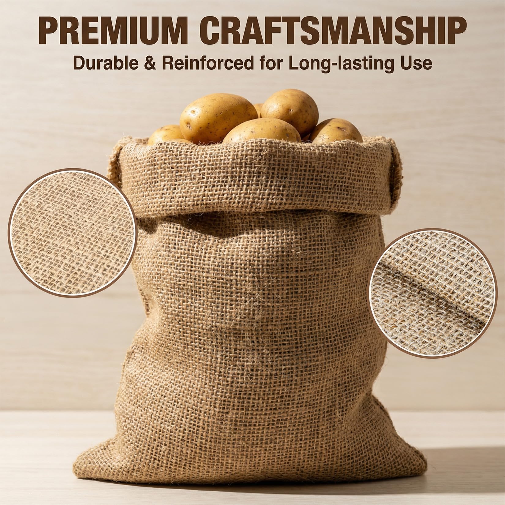 Two MAQIHAN burlap bags in a garden, showcasing versatility