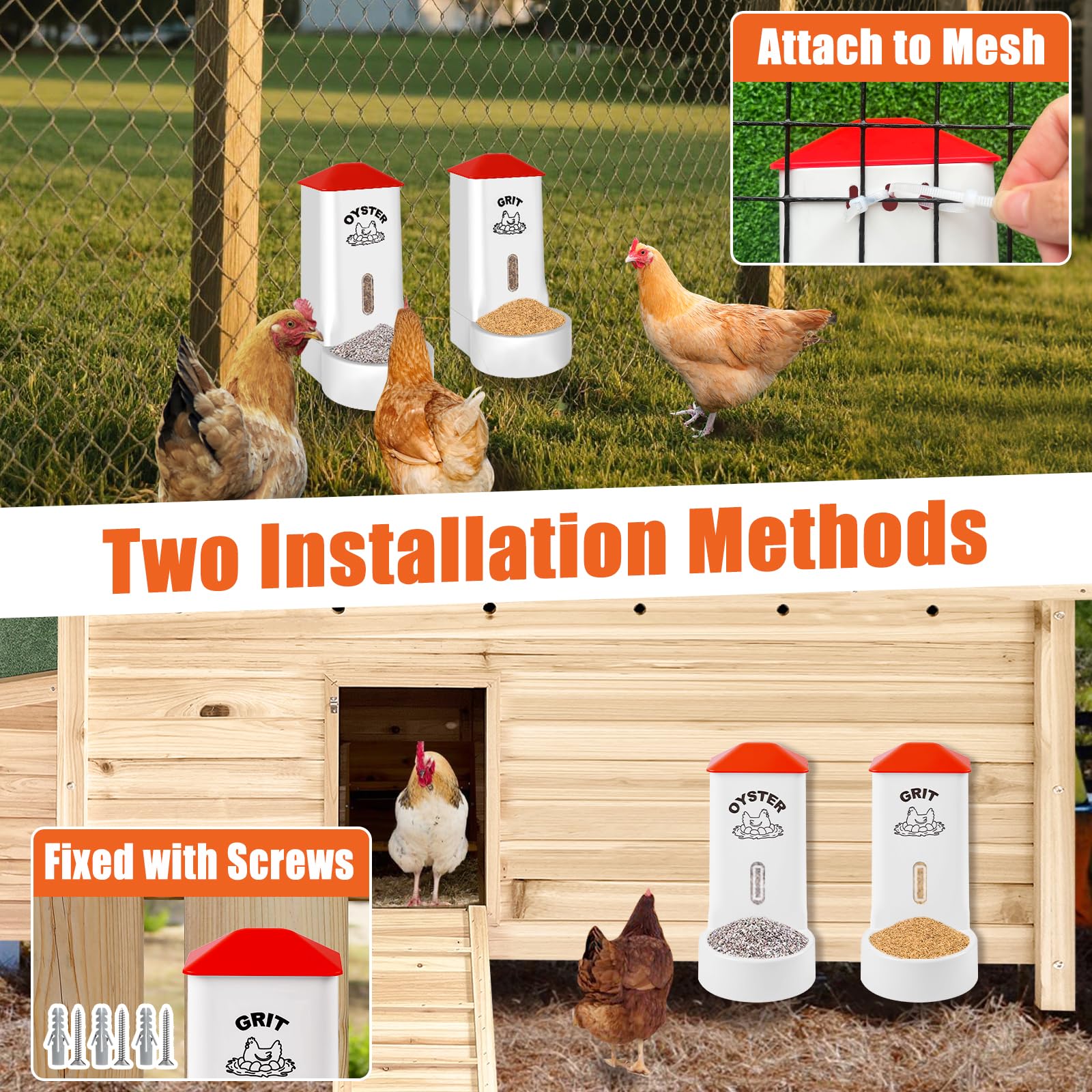 Two MJZ Chicken Grit and Oyster Shell Feeders side by side