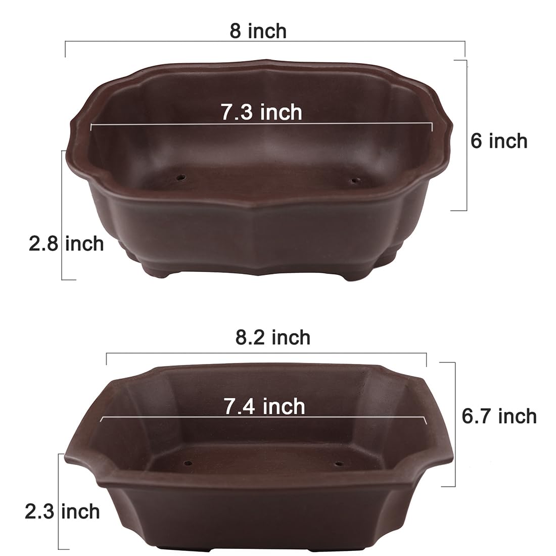 Two MUZHI bonsai pots side by side showing purple clay