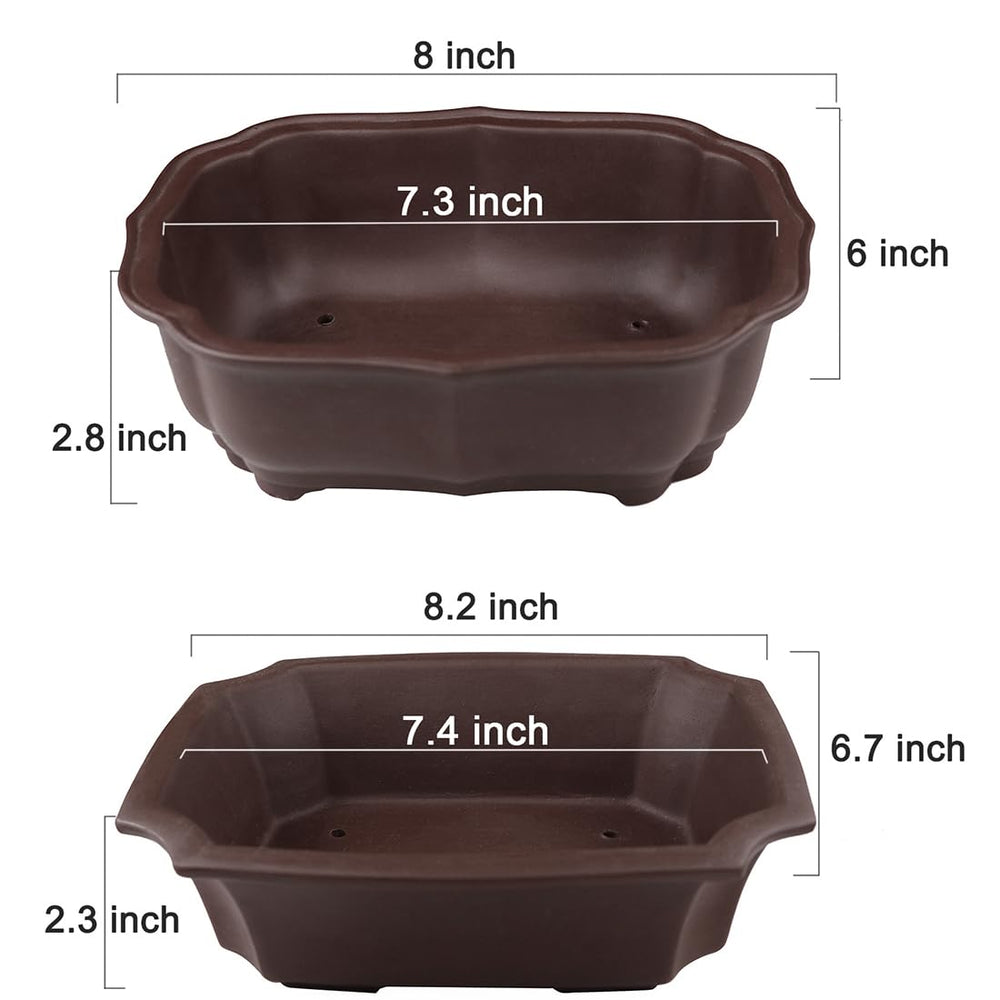 Two MUZHI bonsai pots side by side showing purple clay